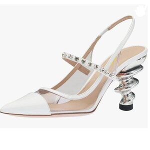 YDN White Clear Metallic Spiral Heels Slip On Sandals Slingback Elastic Pumps